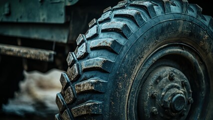Close-up of offroad vehicle tire and muddy texture.