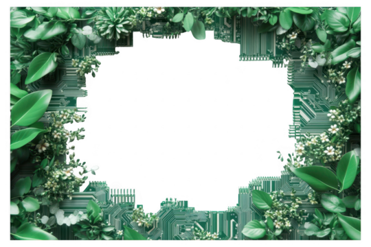 Floral frame with circuit board pattern isolated on transparent background