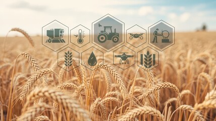 Agricultural technology icons overlay a golden wheat field.