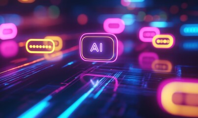 3D rendering of the text "AI" floating in speech bubbles on a digital screen background. AI technology concept with a glowing chat bubble and hologram icon over an abstract, dark, blurred blacklight b
