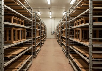 Fototapeta premium Rows of neatly stacked wooden furniture pieces await finishing, in a well-lit warehouse. Ready for assembly and delivery.