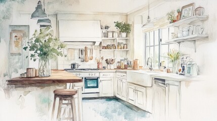 Fototapeta premium Watercolor kitchen design, rustic and airy interior.