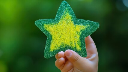 Child hand holding up green and yellow star art.