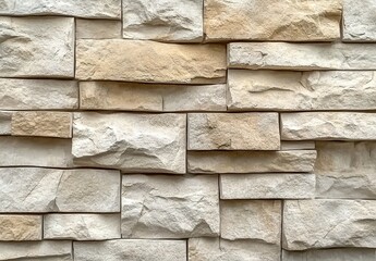 Realistic - style picture of a stone wall made of irregular light - beige and gray - white stones, rough surface with weathered marks