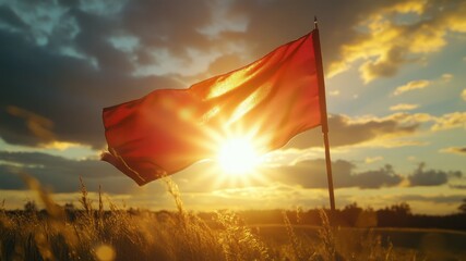 Red flag in golden sunset, a warning sign