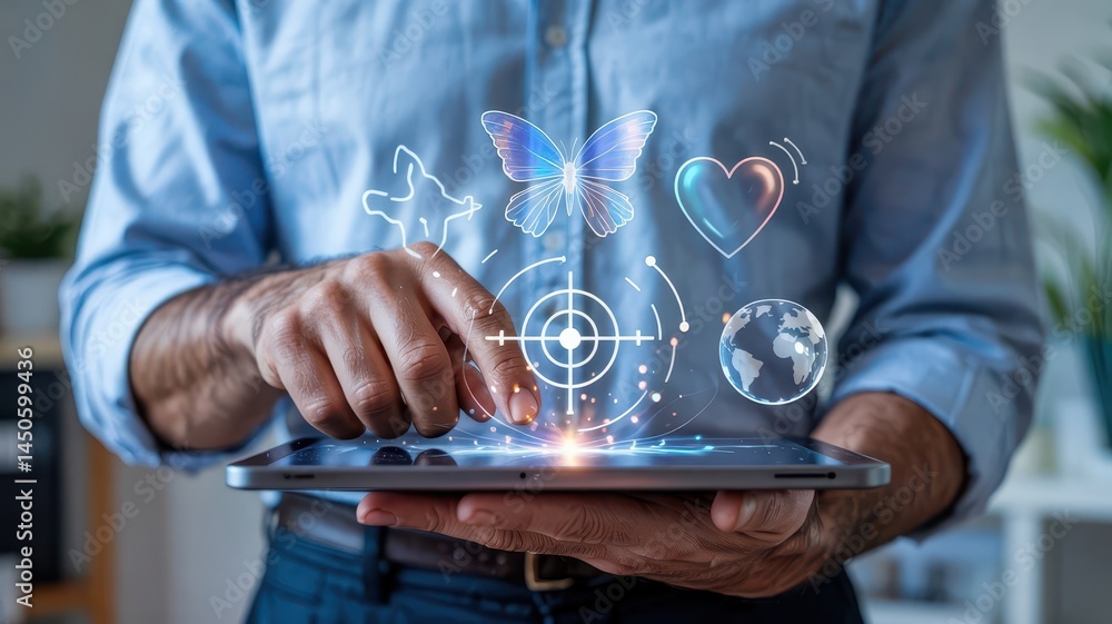 Poster a person interacts with a tablet, displaying holographic symbols of connection and objectives.