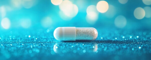 Sleek white capsule on minimalist blue background symbolizing pharmaceutical innovation for weight management, modern healthcare and medical treatment concept.