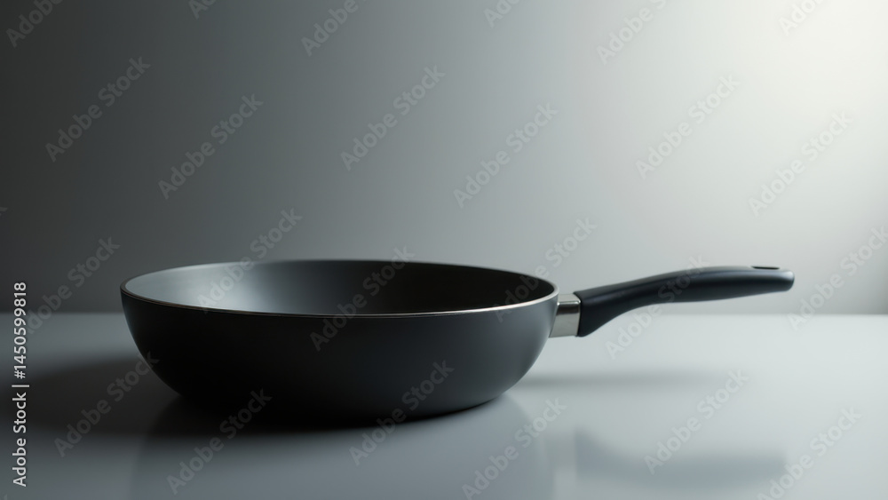 Poster a modern frying pan with a reflective surface resting on a sleek countertop.