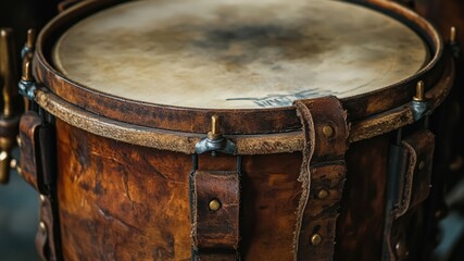 Close up of an old, leather snare drum