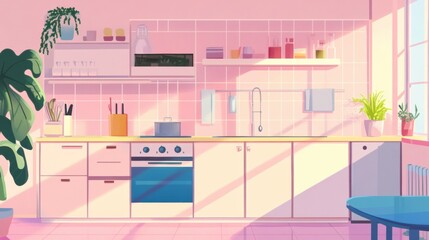 Fototapeta premium A pastel pink kitchen interior design with sunlight streaming in.