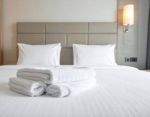 A cozy bed adorned with crisp white sheets and fluffy pillows, inviting relaxation and comfort in a serene, softly lit bedroom setting.