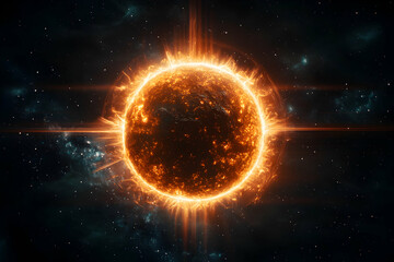 Obraz premium A vibrant digital depiction of a star or sun ablaze in space. Could be used as a dramatic wallpaper or sci-fi art. Create an exciting game background.