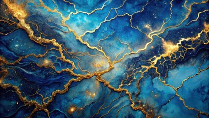 Abstract Blue and Gold Marble Swirls with Glittering Texture