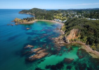 Obraz premium Scenic aerial view of a vibrant coastline with clear turquoise waters and lush green landscape.