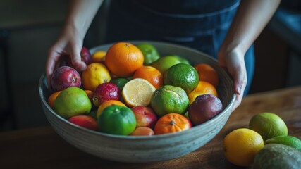 Hands holding a fruit bowl with various citrus fruits
