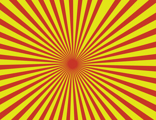 Yellow and red banner with Sun rays, yellow comic background. Sunburst background