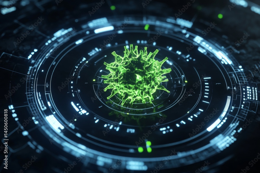 Poster 3d render of a green virus in a futuristic interface with a black background and blue color elements