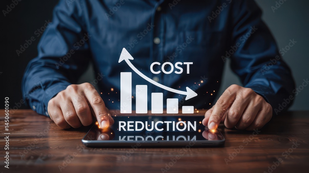 Poster a person interacts with a digital graphic displaying cost reduction.