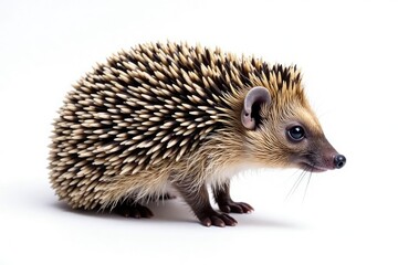Obraz premium Close-up of a single hedgehog on seamless white backdrop, facing right , macro, animal portrait, mammal