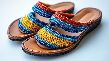 A pair of brown leather sandals adorned with colorful beaded straps