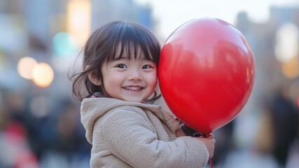 Happy Asian girl with a red balloon in winter.