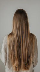 Naklejka premium View from behind of a woman with dark blonde hair styled in various ways, shown on a white background. Long straight hair reaching the lower back, smooth and shiny. 