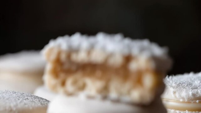 Close-up of stacked alfajores pastries with dulce de leche filling and powdered sugar topping on a dark background