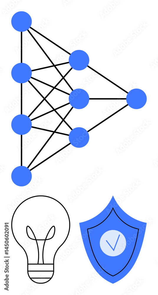 Poster neural network with interconnected nodes, lightbulb representing ideas, and shield symbolizing prote