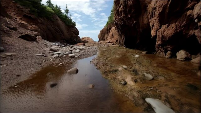 Eroded red sandstone cliffs line a shallow stream bed filled with rocks, leading toward a small copse of pine trees beneath a partly cloudy sky.