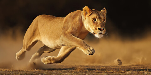 Obraz premium A lioness hunting in the African savannah, panoramic wildlife wallpaper with copy space for text.