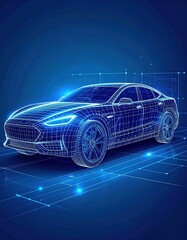 Naklejka premium A sleek, futuristic car adorned with vibrant blue lines and illuminated accents, radiating a captivating glow against a dark urban backdrop.