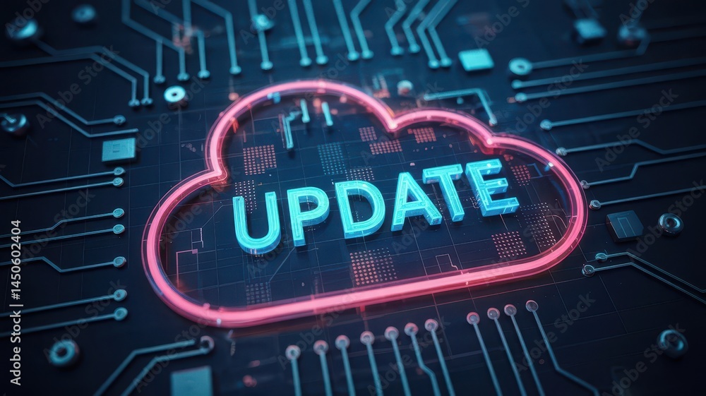 Aufkleber digital cloud with update text on circuit board.