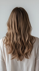 Naklejka premium View from behind of a woman with dark blonde hair styled in soft natural waves, mid-back length, texture-rich and voluminous. 