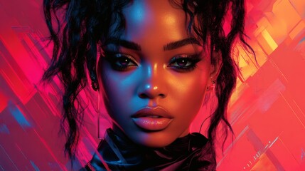 Headshot portrait of an African woman with luminous skin and stylish dark hair, illuminated by vibrant color gradients, front view on a transparent background, PNG image, PNG file.