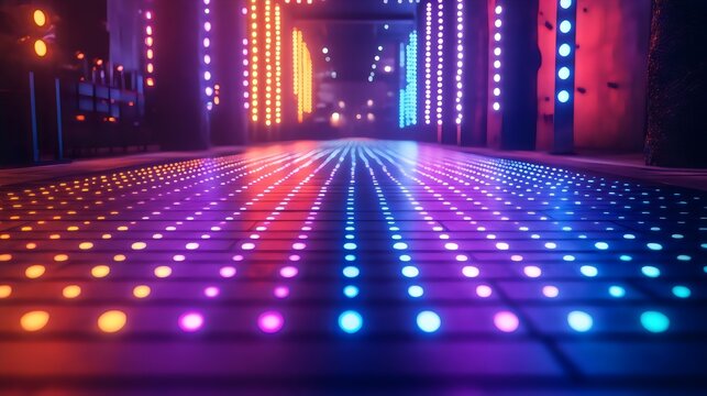 An impressive illuminated walkway with glowing lights creates a striking, colorful environment.