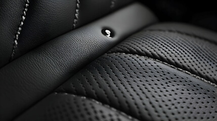 Close-up of a black leather car seat with stitching and a small hole.