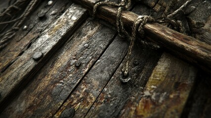 Close-up of weathered wooden planks with rope detail
