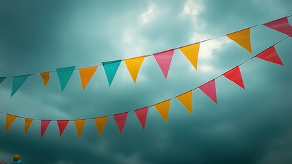 Colourful pennant banners hanging in the cloudy sky