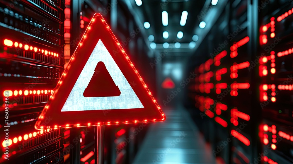 Poster alert sign glowing red data center servers triangle warning light cyber security