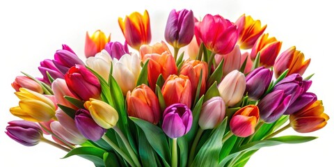 Obraz premium A vibrant bouquet of colorful tulips, featuring a medley of pink, purple, yellow, and orange hues, arranged in a stunning display against a clean white background.