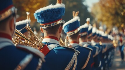 Marching band in parade with brass instruments