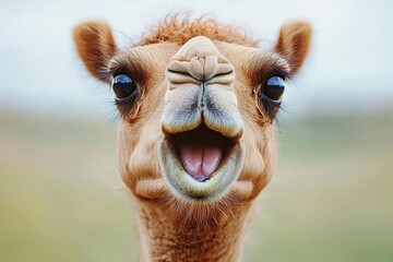 Obraz premium Surprised camel with very surprised expression on his face, big surprise. peeking out. isolated on white. space for text.