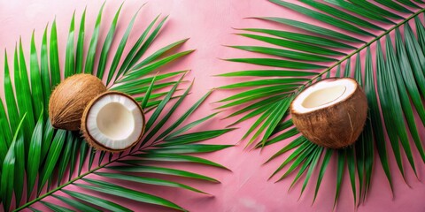 Obraz premium Tropical Delight A Fresh Coconut Split Open and Nestled Amongst Lush Palm Fronds on a Vibrant Pink Background