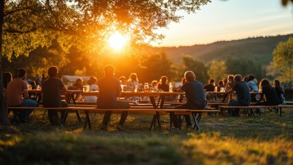 People gather outdoors for a sunny picnic