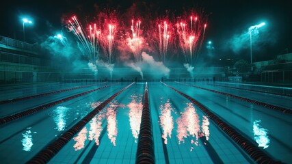Swimming pool with fireworks display at night.