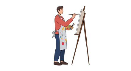 Cartoon Woman in Apron, Red Shirt, and Blue Pants Illustration