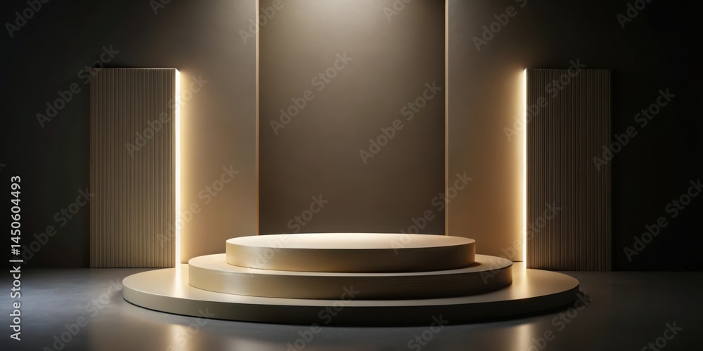 Poster modern minimalist display with two-tiered round podium, illuminated by warm light, and set against t