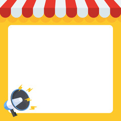 Shop awning red and white  frame with Megaphone speaker for announce, advertising, promotion. Vector illustration for retail shopping online marketing template, banner, poster, and background.