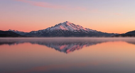 Obraz premium The still waters of an alpine lake mirror the snow-dusted peaks at twilight, under a soft, pastel-colored sky. Mist softens the scene.