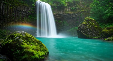 The majestic Otodomeno Falls plunges into a vibrant turquoise pool, framed by mossy rocks and lush greenery. A rainbow arcs near the base.